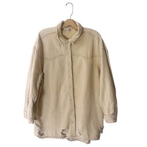 12th Tribe Distressed Cotton Western Shirt Tan Long Sleeve Corduroy Top